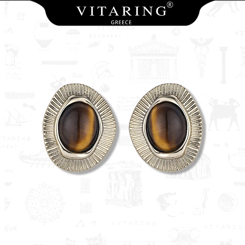 合金耳饰 VITARING虎眼石耳钉女美拉德轻奢复古希腊风咖金色气质