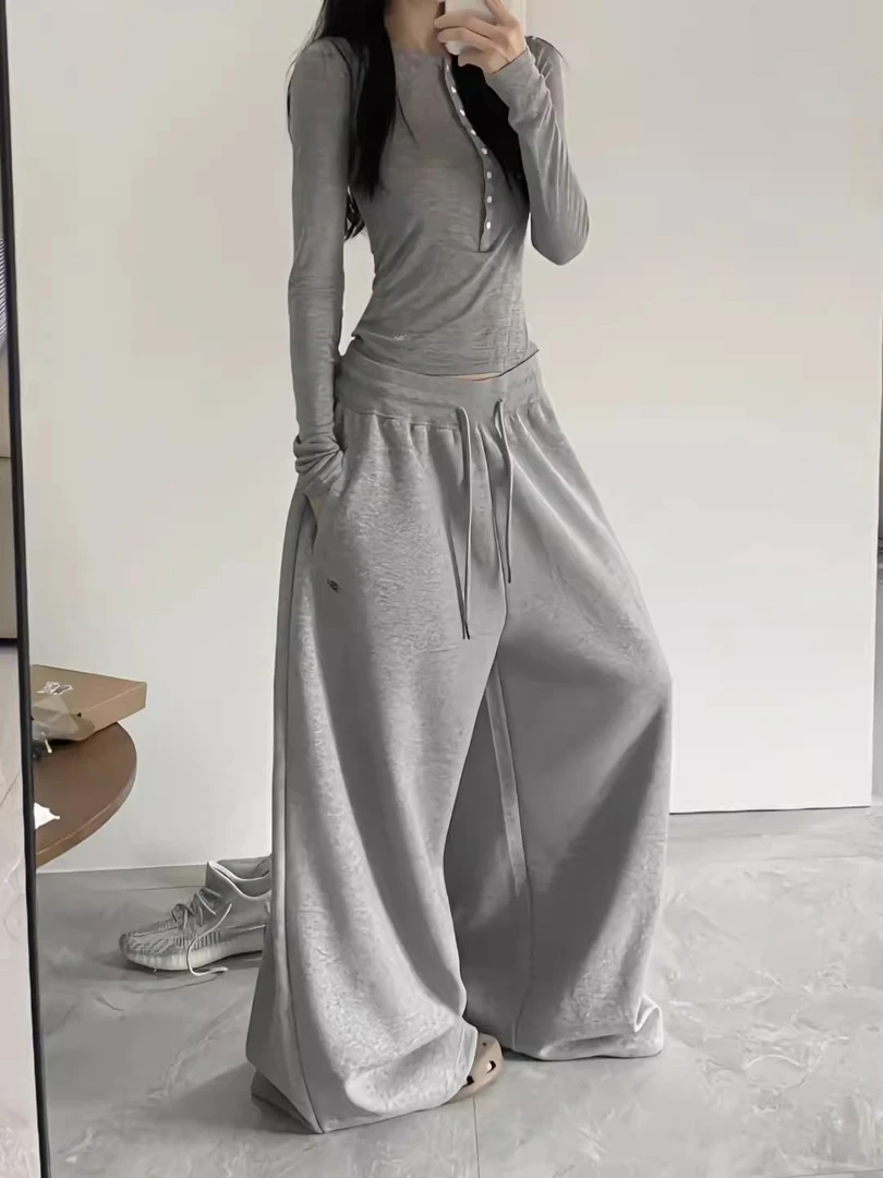 美式复古慵懒风休闲爵士舞垂感螺纹松紧腰重磅宽松百搭阔腿拖地裤