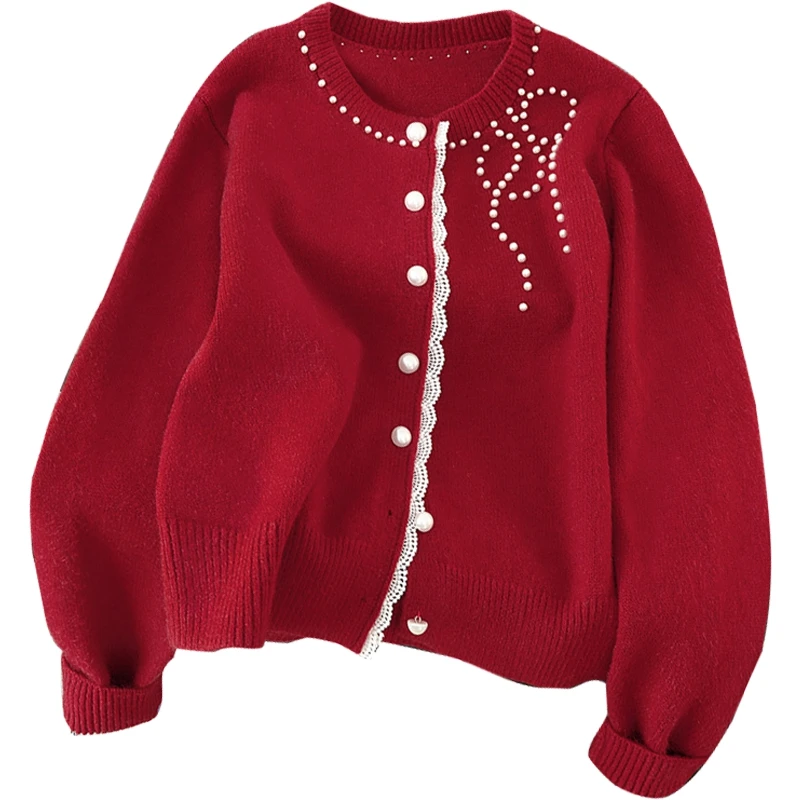 她池2025春装新款女装蕾丝边宽松钉珠短款针织衫T51X0652Z