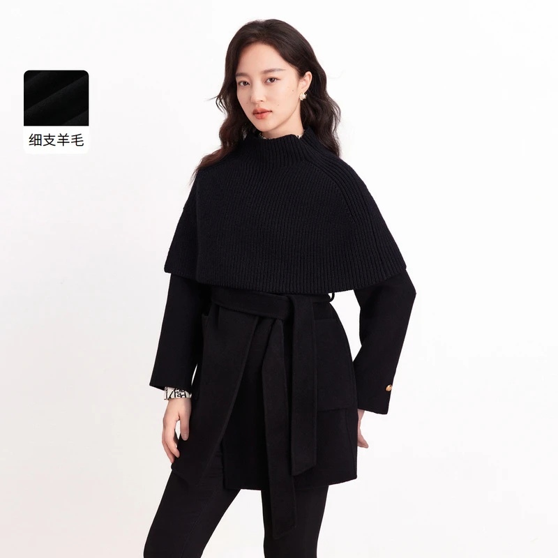 【羊羊专属】珂莱蒂尔新款黑色宽松高领保暖针织毛呢大衣KL01145W0