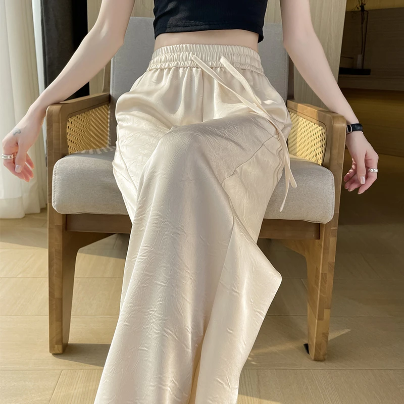 新中式国风缎面提花阔腿裤女夏季薄款高腰垂坠感窄版直筒休闲裤子