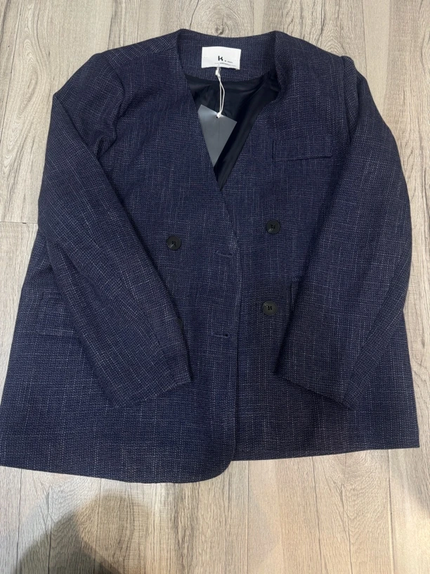 双排扣宽松型常规通勤中长款西装蓝色女士秋冬黑色时尚西服