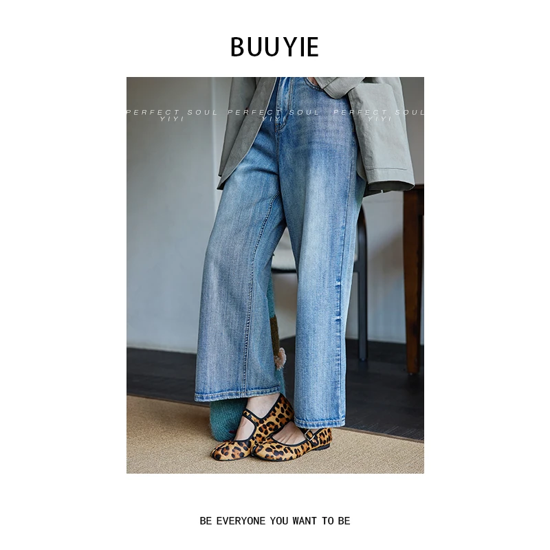 BUUYIE 25SS【云蔚】新款复古水洗蓝九分直筒牛仔裤 250540