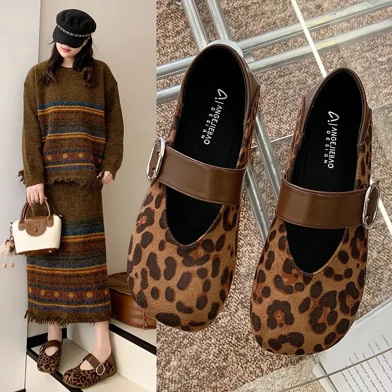复古百搭豹纹玛丽珍鞋女2025秋季爆款平底舒适一脚蹬两穿浅口单鞋