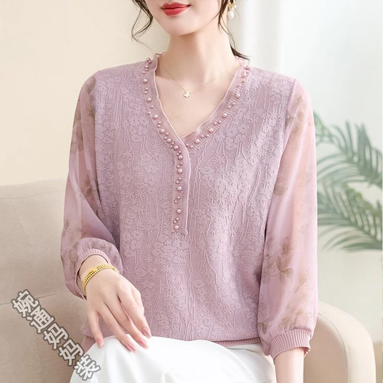 妈妈春装新款针织小衫洋气高贵中老年女装春夏薄款中袖打底衫上衣