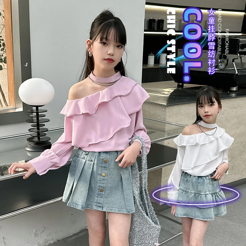 新品春装女童套装时髦洋气小衫荷叶边露肩衬衣+牛仔百褶裙两件套