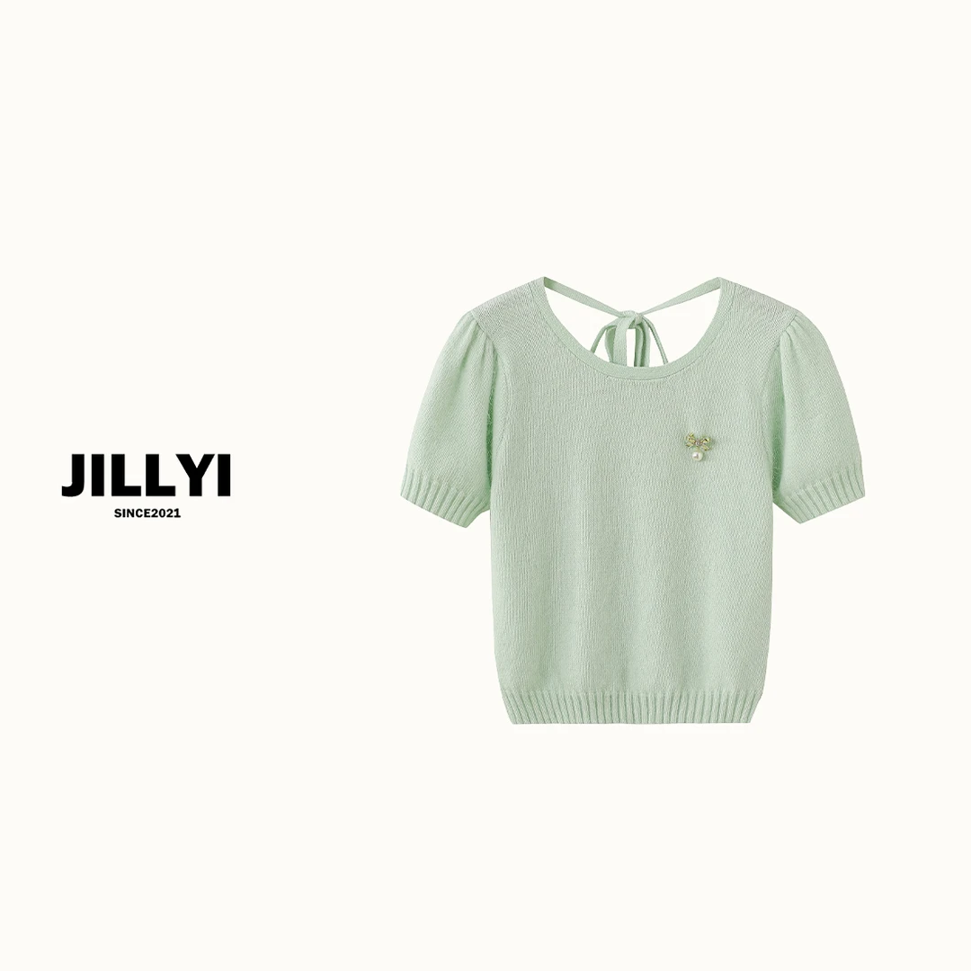 jillyi【薄荷奶芙】浅绿色圆领颈后绑带时尚百搭针织衫纯色简约