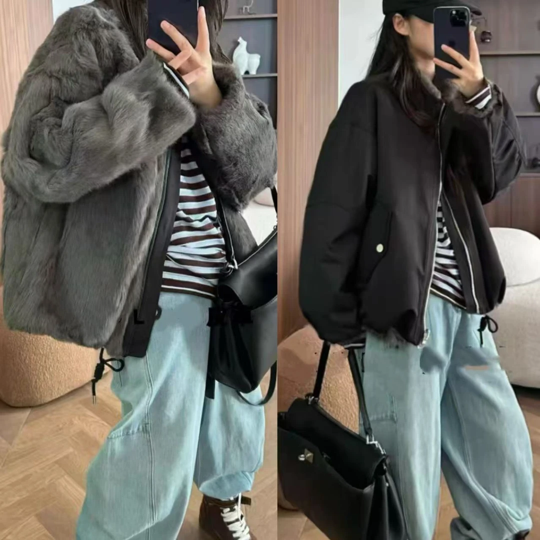 派克服冬季工装立领上衣2025新款双面穿整皮兔毛皮毛一体外套女冬
