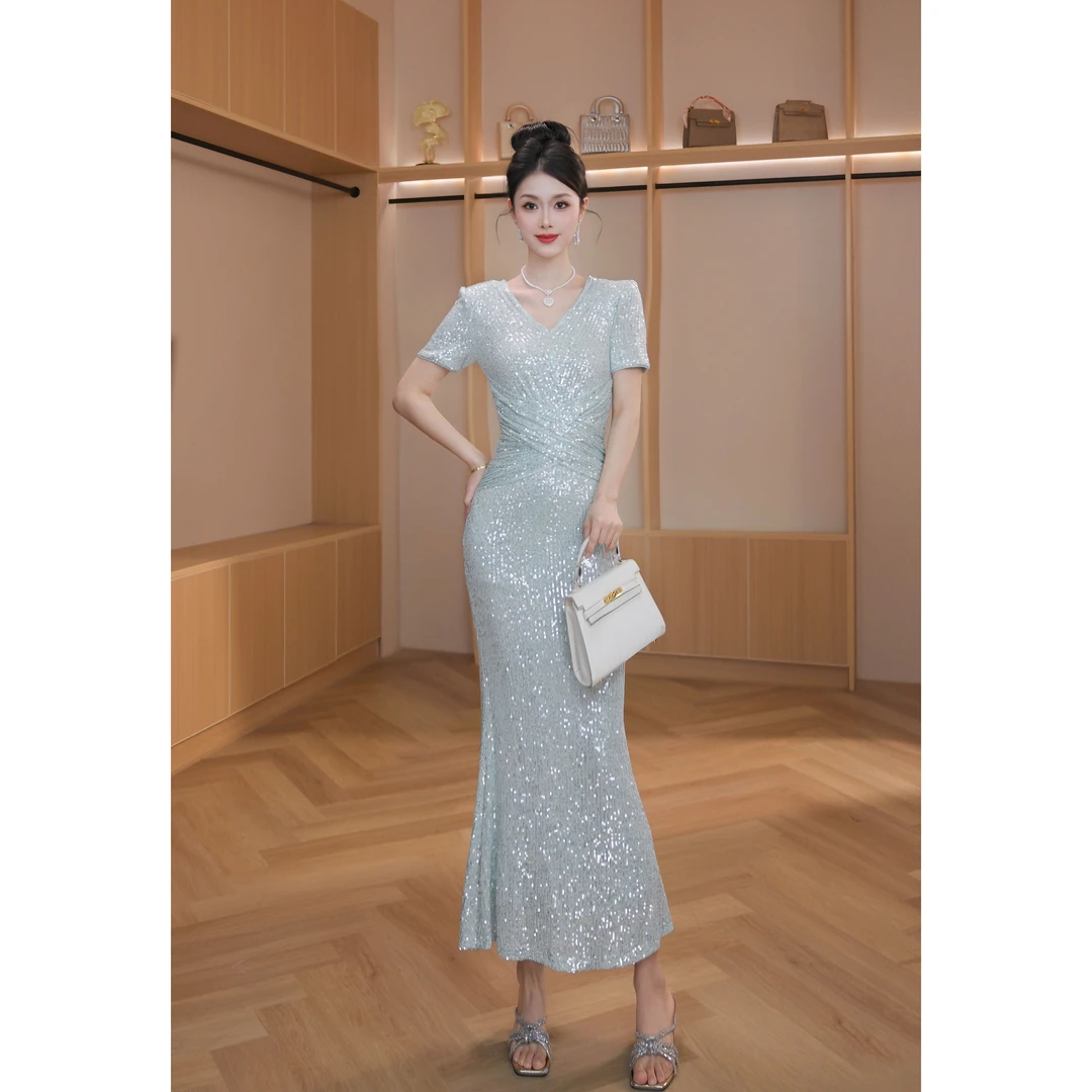 【设计师定制】新款法式设计感亮片名媛复古收腰显瘦连衣裙21683