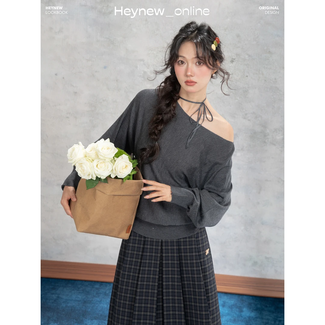 LOVEHEYNEW纯欲斜肩挂脖韩系慵懒松弛感宽松显瘦女针织毛衣5Q004