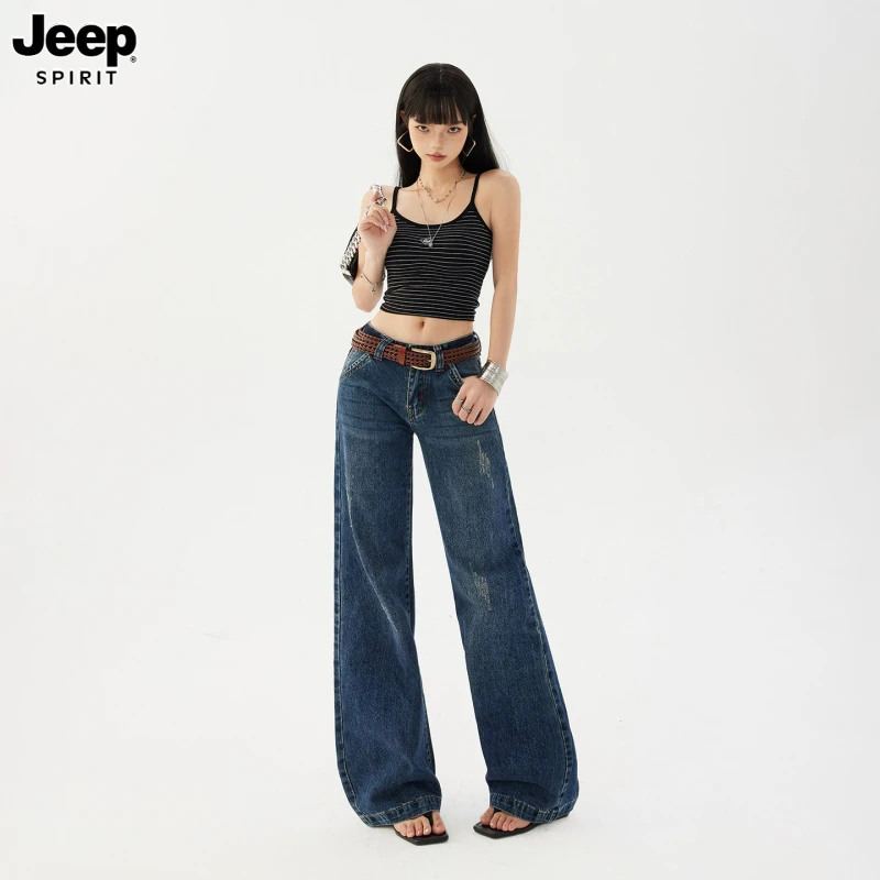 Jeep吉普美式复古低腰牛仔裤女夏新款宽松百搭垂感显瘦抓毛阔腿裤