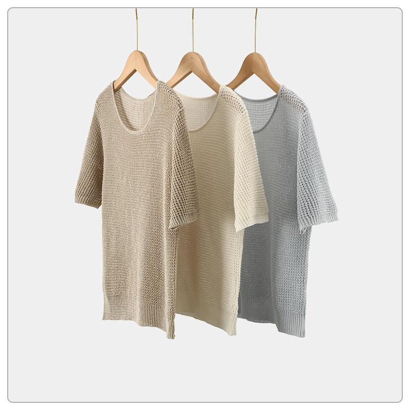 气质镂空圆领短袖套头针织衫--SSS8212