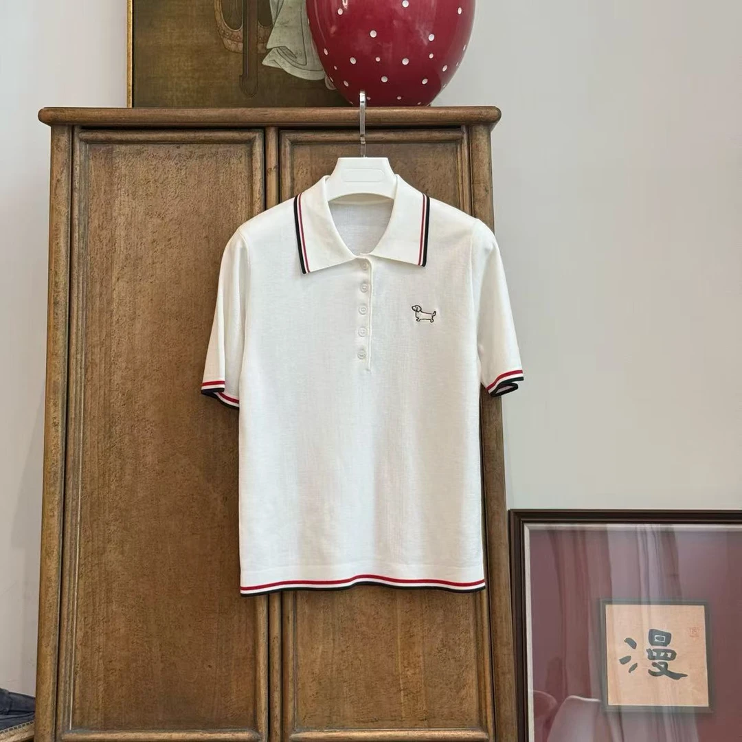 MYL 2025春夏新款白色桑蚕丝混纺小狗POLO衫上衣翻领边短袖上衣