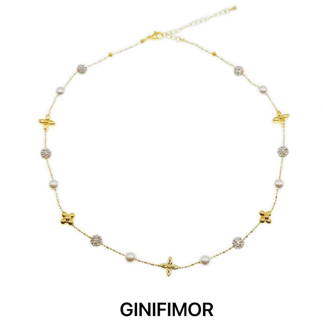 GINIFIMOR 铜合金仿珍珠项链 a705 爆闪满天星四叶花珠珠项链