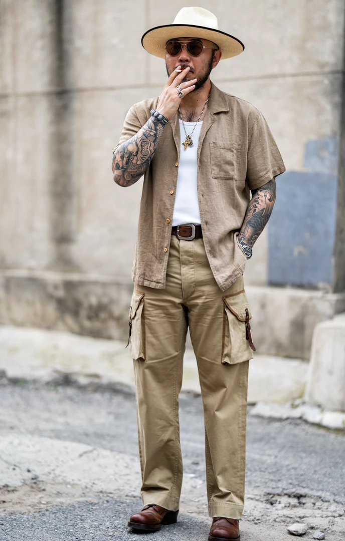 TRADBAND卡其军官长裤水洗做旧磨破拼皮裤子休闲裤宽松秋季直筒