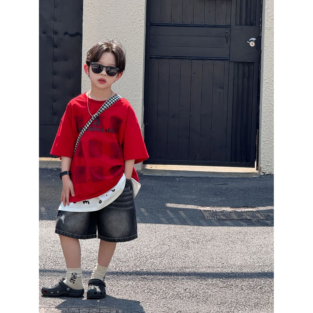 男童短袖t恤2025新款儿童夏季韩版半袖中大童男孩撞色拼接上衣潮t