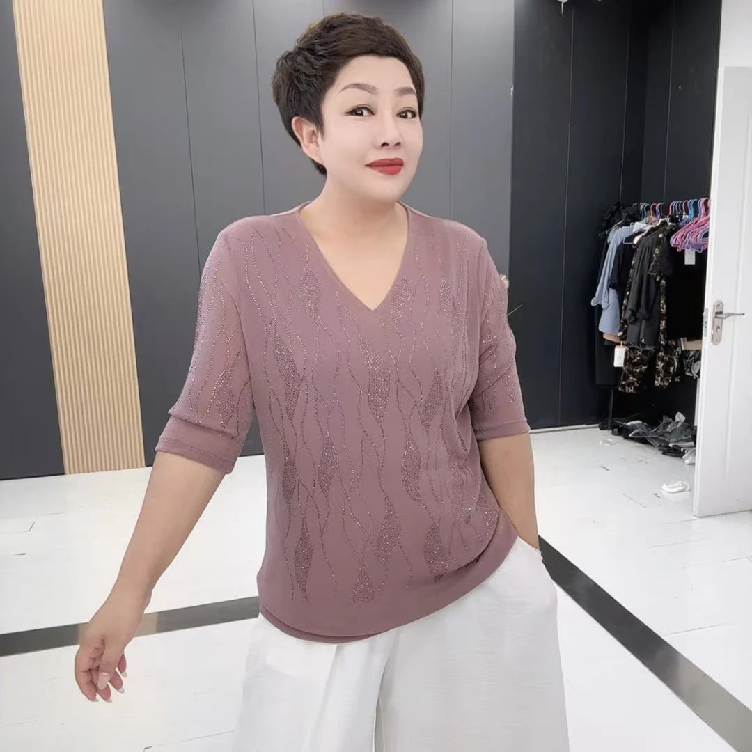 3128#大码时尚常规款宽松型V领纯色重工烫钻T恤休闲女士分袖上衣