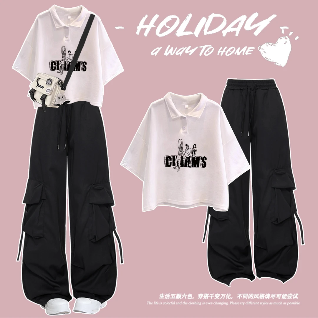 甜酷少女学生夏季韩版宽松学院风Polo领T恤大童+工装裤两件套潮酷