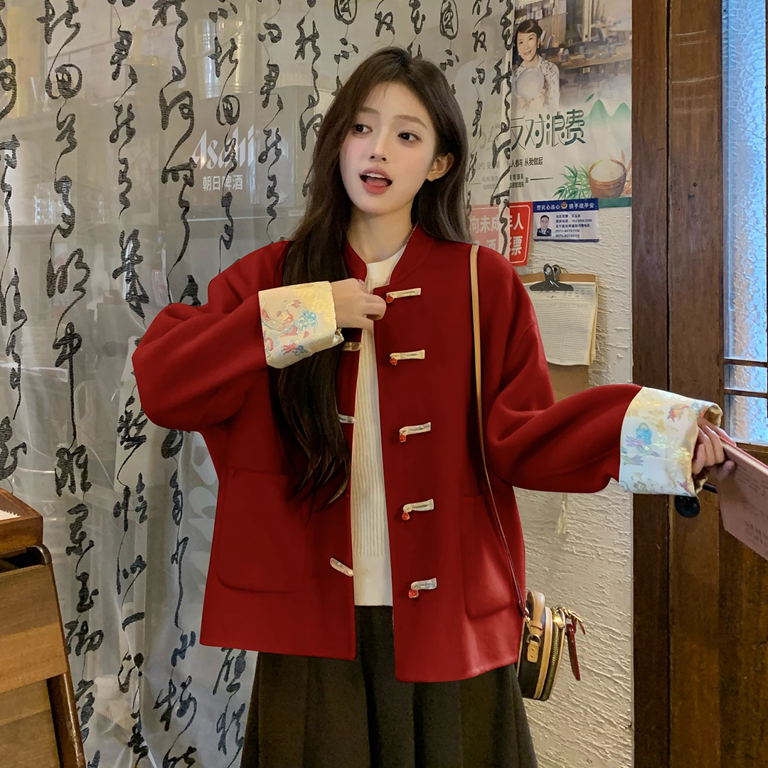 红色双面羊毛大衣冬季女2025新款爆款加厚短款新中式盘扣毛呢外套