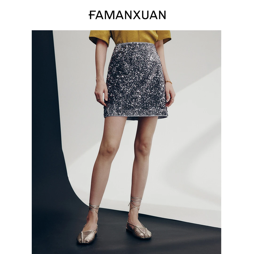 法曼萱miu系重工灰色丝绒亮片半身裙女小个子2025夏季珠片a字短裙