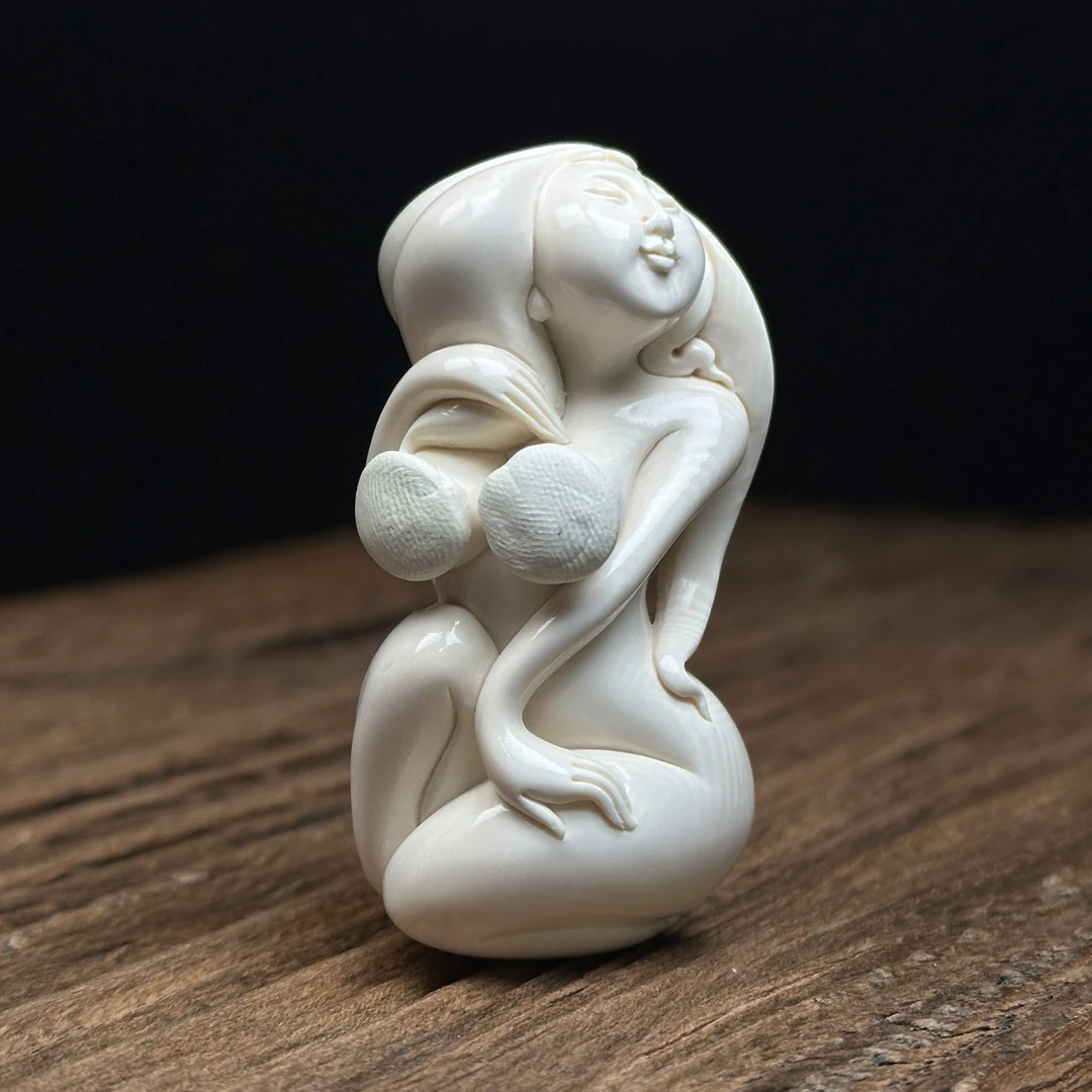 H1061天然猛犸牙 雕刻美女逢凶化吉有容乃大32x61mm50.6克
