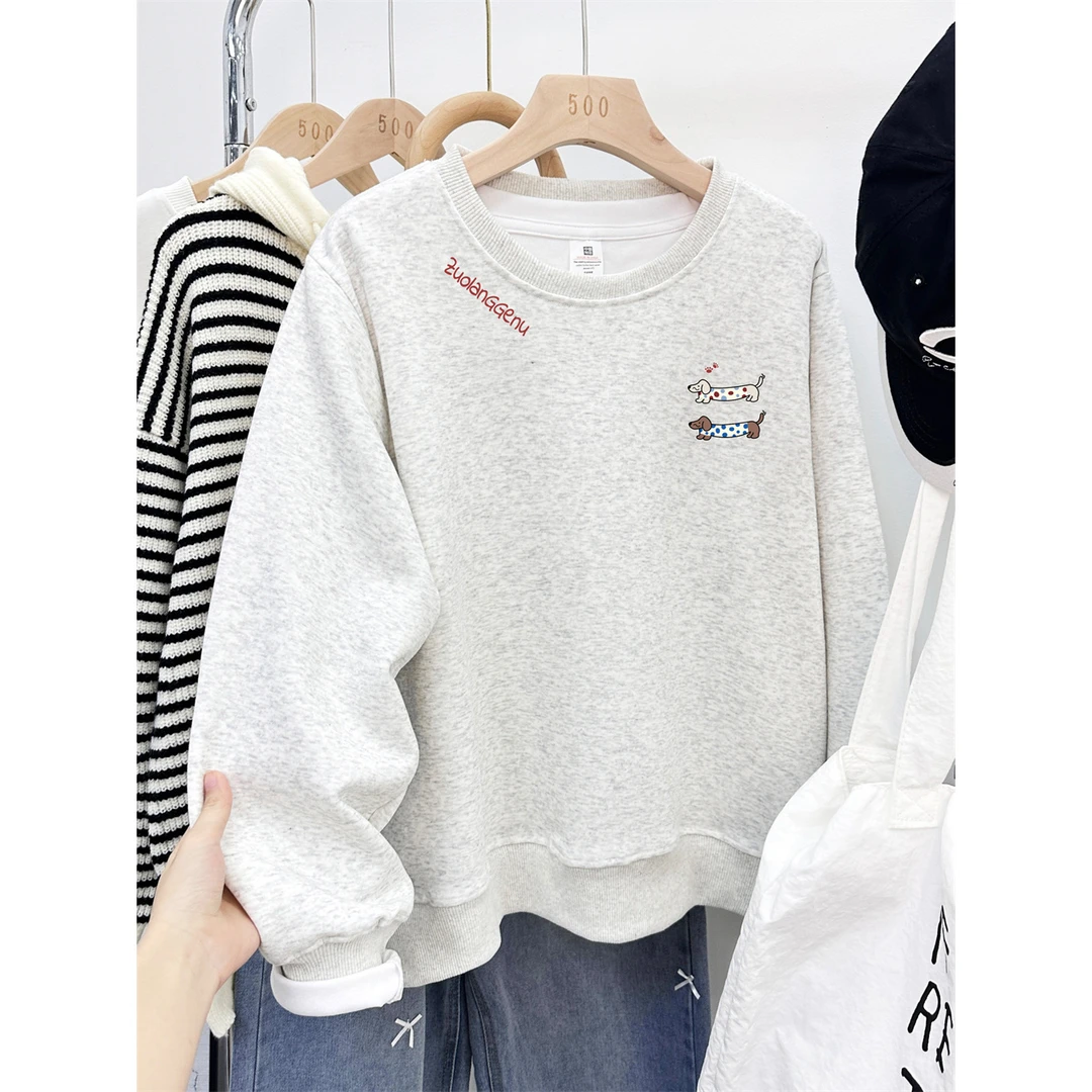 腊肠狗印花圆领正肩加绒卫衣女秋冬2025爆款宽松大码套头上衣冬款