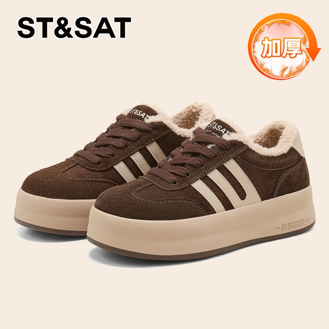 星期六绒里上脚轻休闲鞋女士新款复古增高板鞋加绒亲肤软底德训鞋