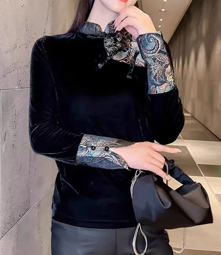 （东方美）新中式2025新款浮光织锦拼接短毛高档丝绒盘扣打底上衣