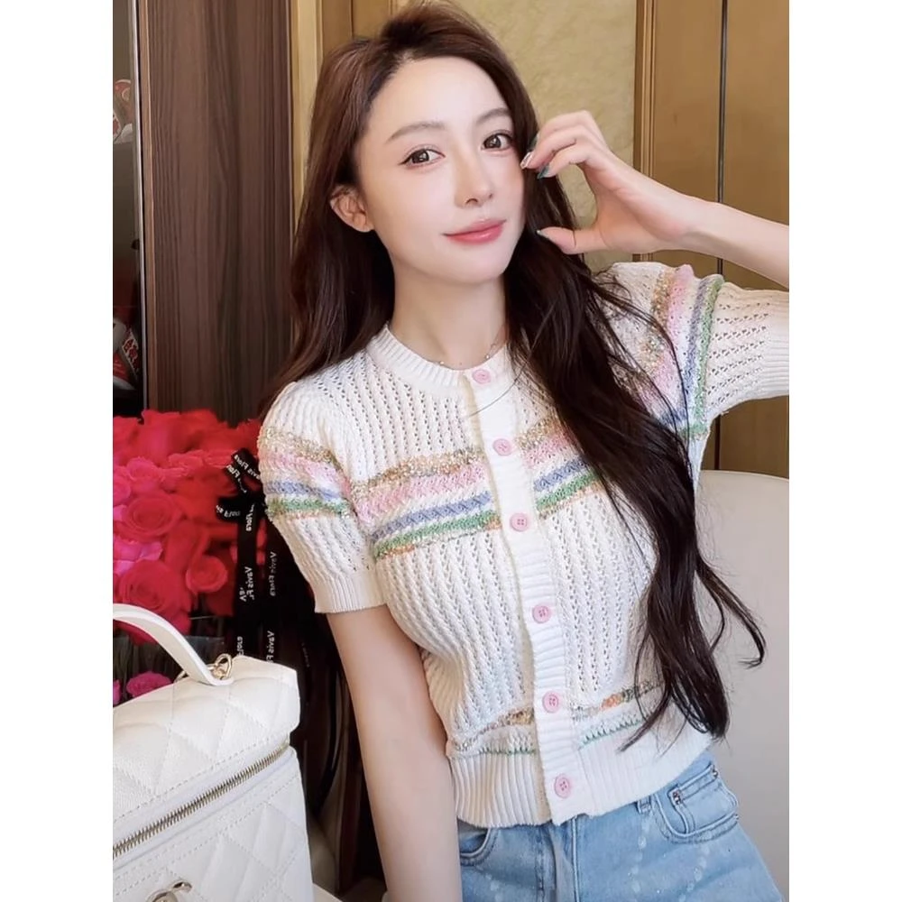 撞色冰丝短袖t恤女2025新款夏季爆款独特短款镂空小香风针织上衣