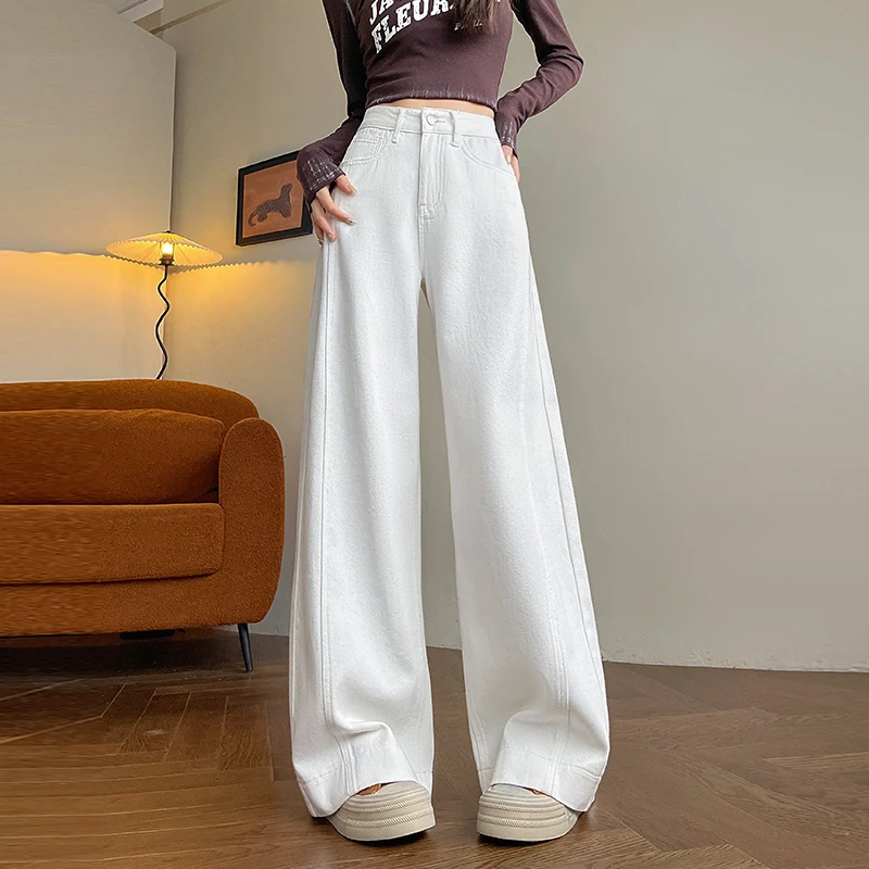 白色高腰阔腿牛仔裤女宽松显瘦2025新款秋冬加绒2025炸街阔腿裤
