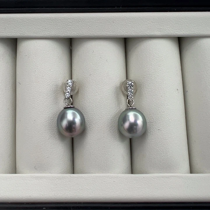 海水珍珠大溪地耳钉9-10mm银S925镶嵌