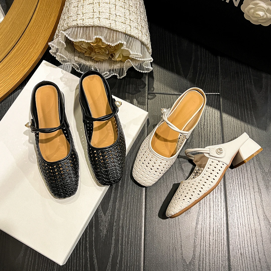 时尚百搭夏季镂空编织透气粗跟懒人包头半拖鞋女夏外穿玛丽珍凉拖