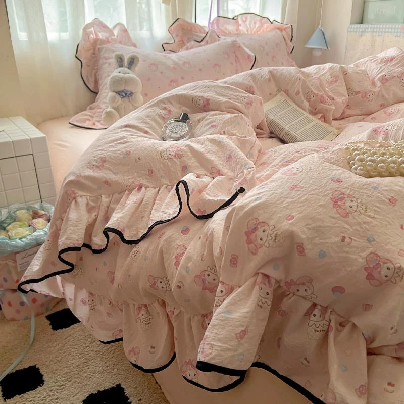 水星官网家纺ins韩式花边全棉粉色系被套水洗棉四件套4纯棉床单被