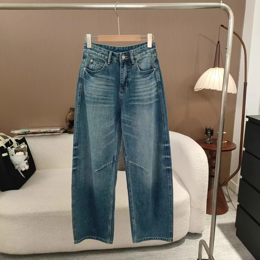 【未时梦】早春新款美式复古潮版剪裁设计显瘦弯刀牛仔裤6037