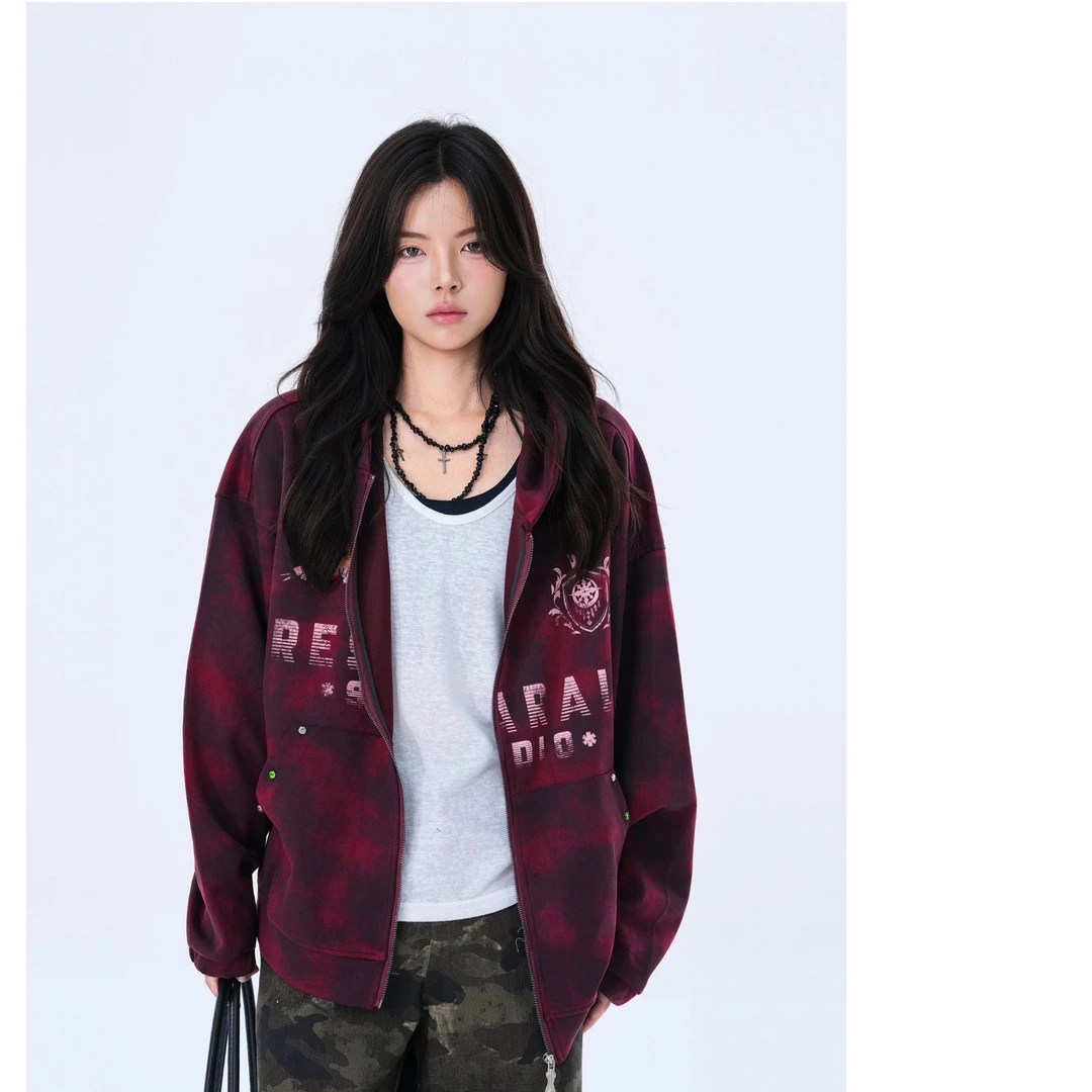 特大码女装美式街头渐变拉链开衫卫衣女设计感潮牌宽松连帽外套潮