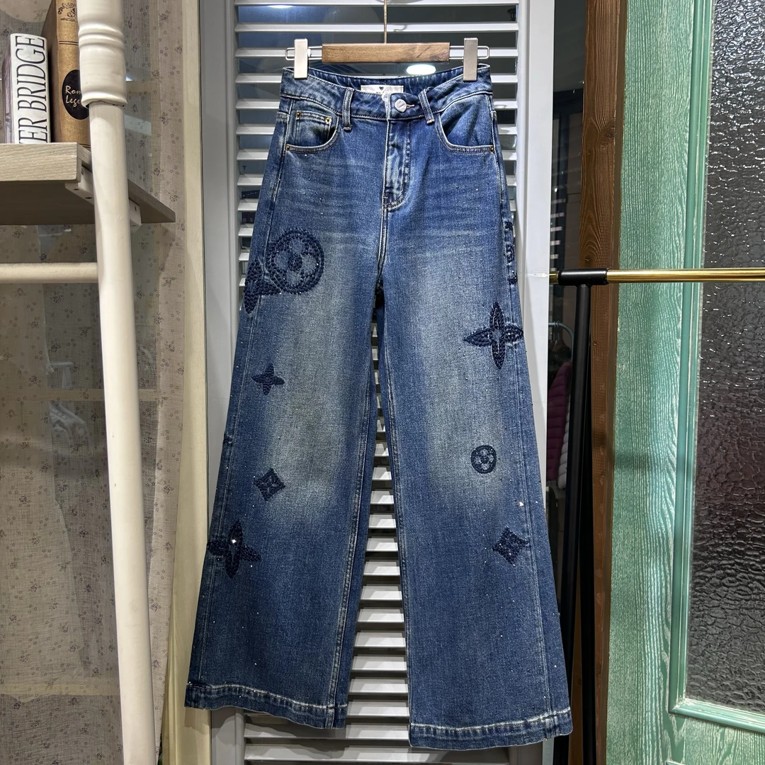 秋季厂家直销新款提花烫钻牛仔裤高腰复古显瘦长裤做旧宽松阔腿裤