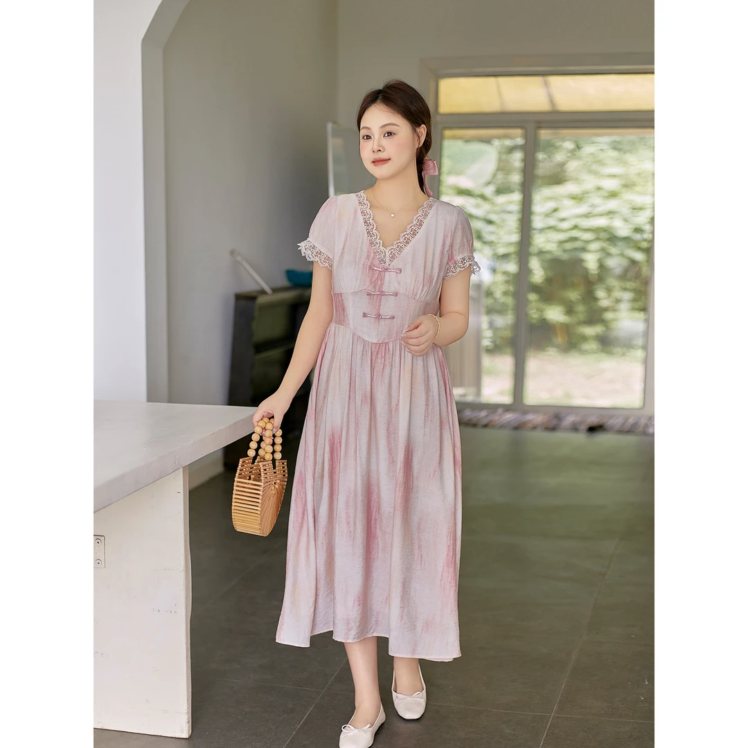 大码百分百女装夏一加一版型女装V领连衣裙1318YF