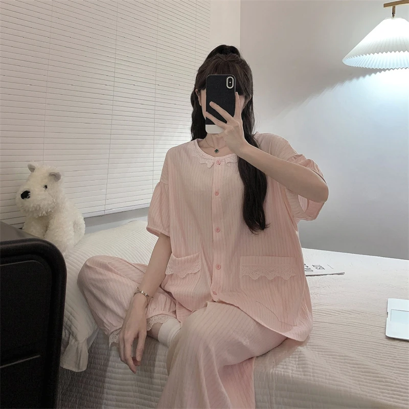 粉色睡衣女夏季2025新款短袖长裤宽松减龄气质慵懒风家居服套装