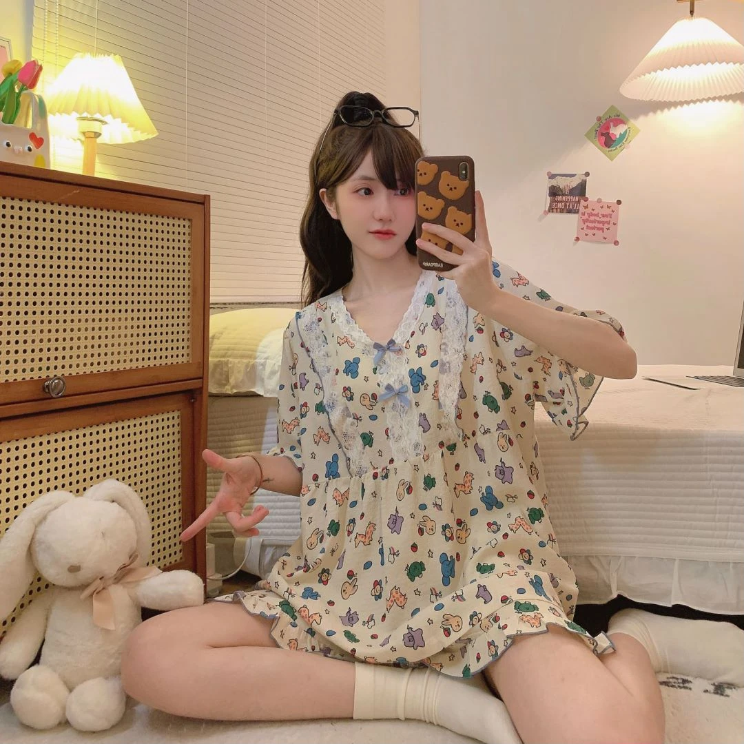 大码睡衣夏天女夏季薄款卡通印花甜美少女学生家居服短袖短裤套装