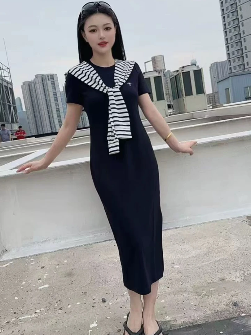 夏季简约条纹披肩拼接海军领短袖中长款显瘦连衣裙