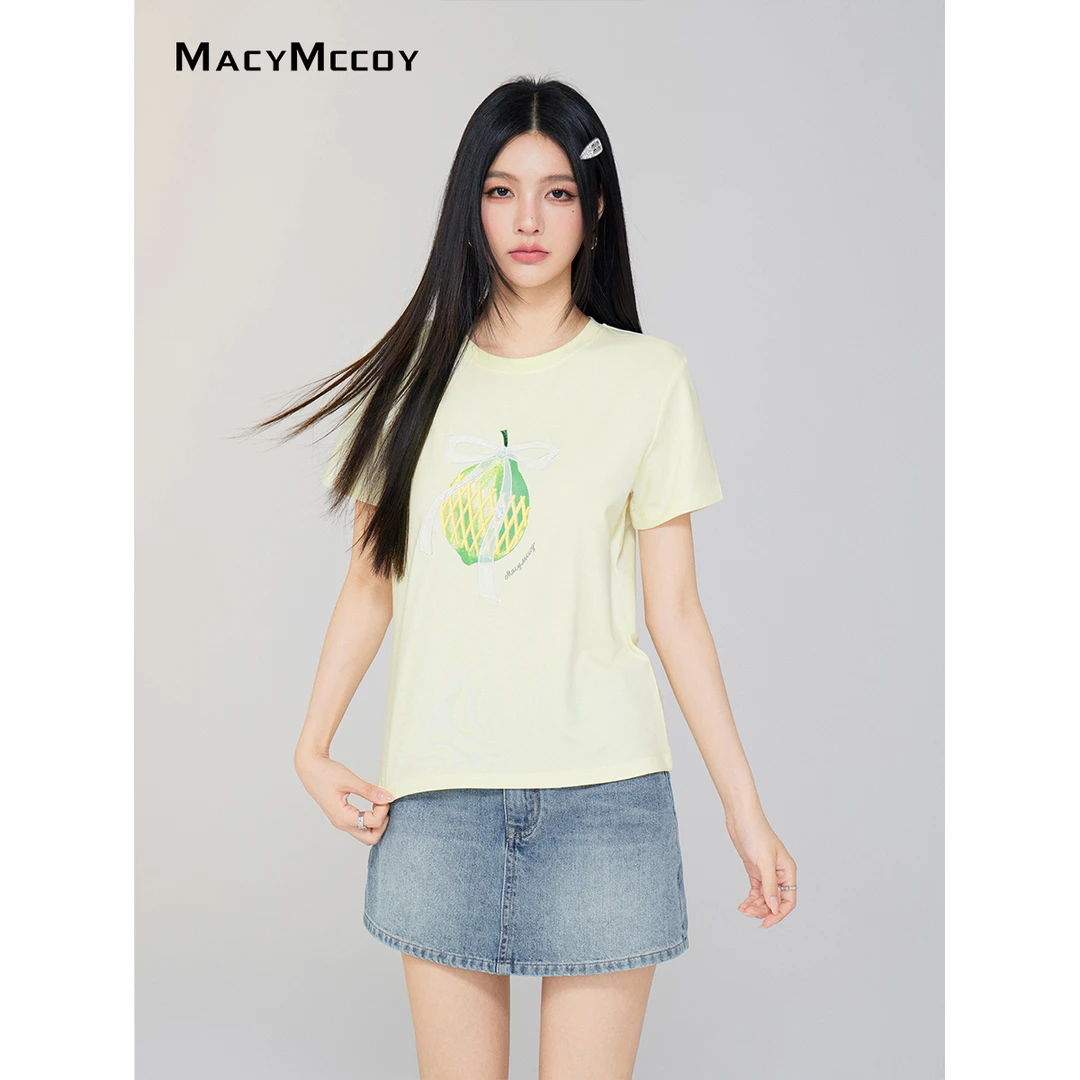 MacyMccoy蝴蝶结水果T恤女夏季基础设计款亲肤透气正肩短袖上衣