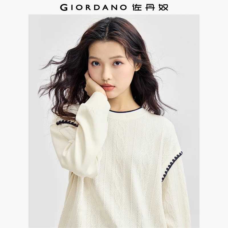 佐丹奴外套女装撞色贝壳绣圆领仿毛织针织套头卫衣 18324509