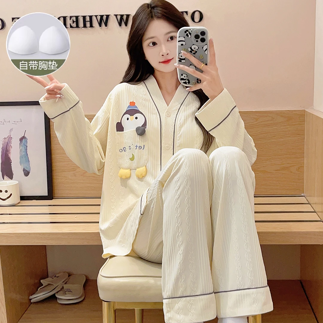 睡衣女款提花棉春秋季长袖长裤秋冬带胸垫可爱卡通大码家居服套装