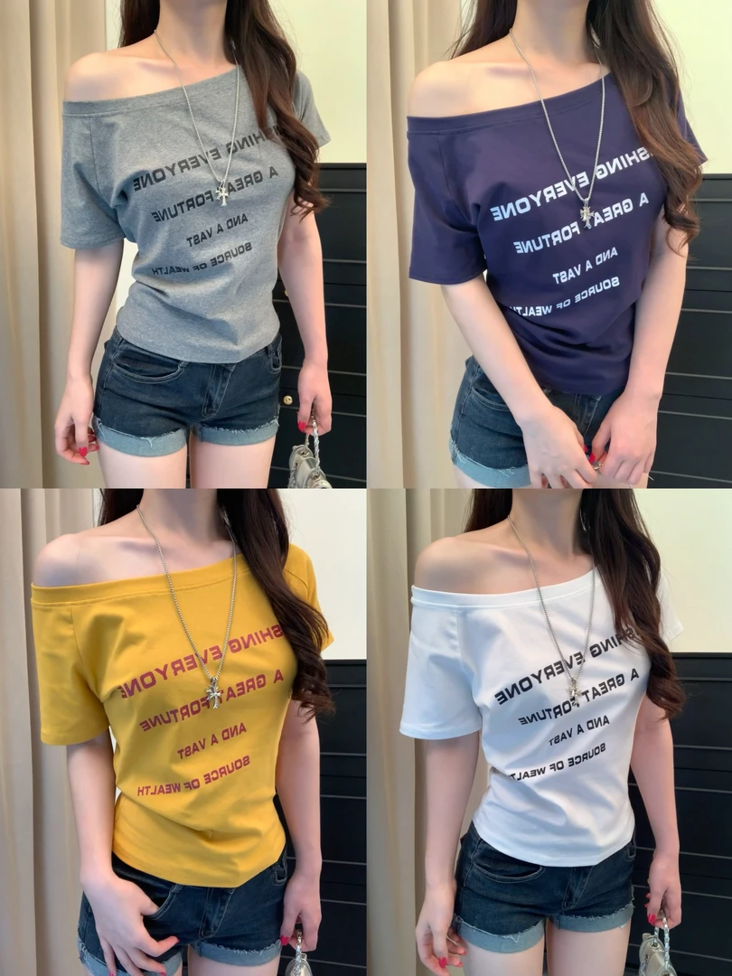 2025美式辣妹印花圆领正肩短袖t恤女夏季新款修身显瘦红色