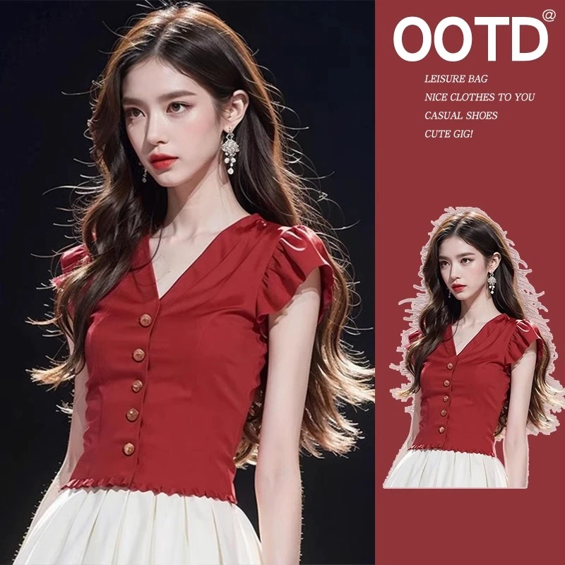 法式设计感v领小飞袖辣妹衬衫女夏季多巴胺修身显瘦小衫短款上衣