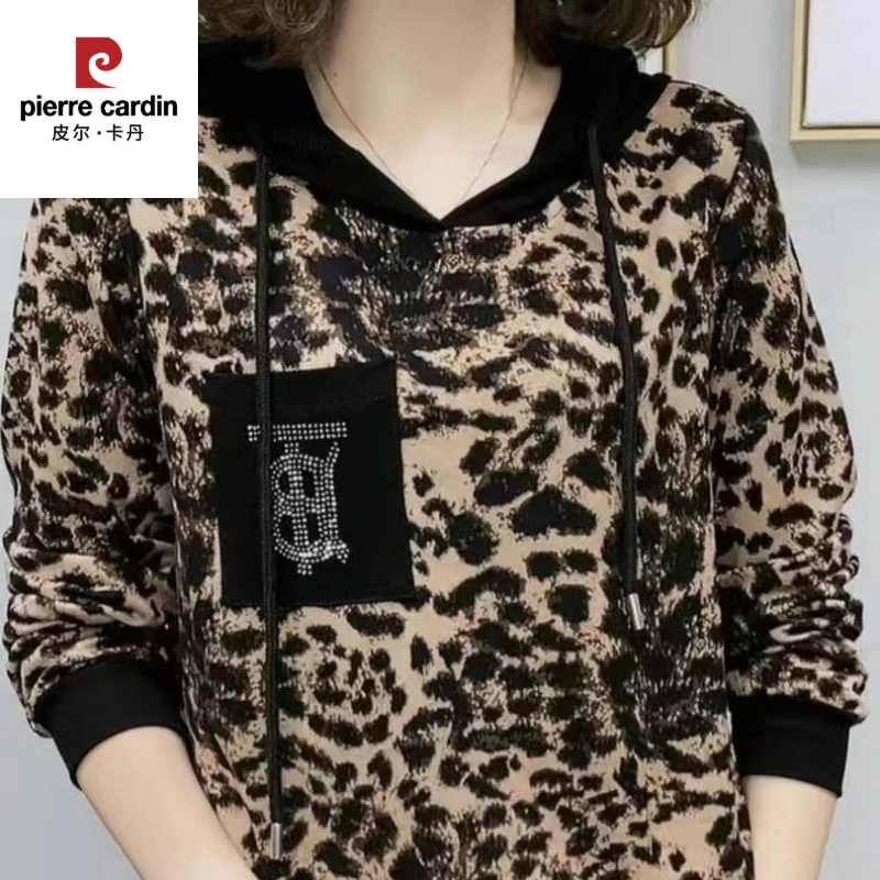 皮尔卡丹新款妈妈春秋连帽豹纹条纹短袖上衣时尚翻领女装弹力百搭