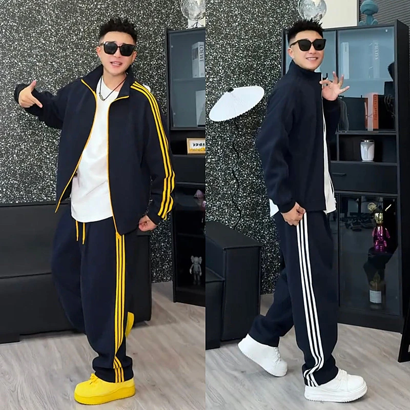 美式撞色拼接条纹三条杠运动卫衣套装男士休闲立领外套裤子两件套