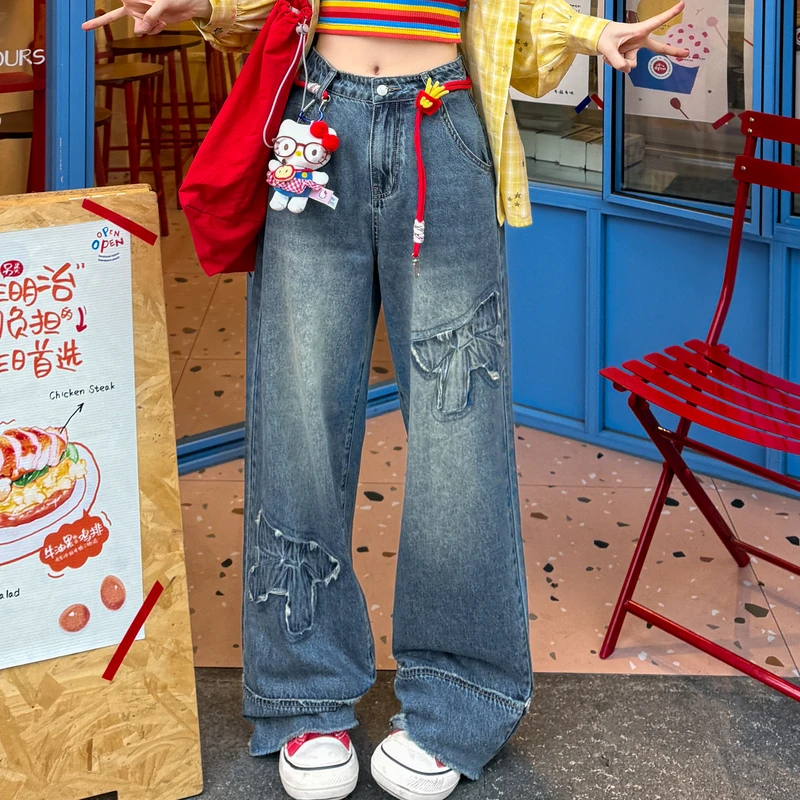 森女部落复古蝴蝶结阔腿垂感拖地裤高腰显瘦牛仔裤女2025初夏穿搭