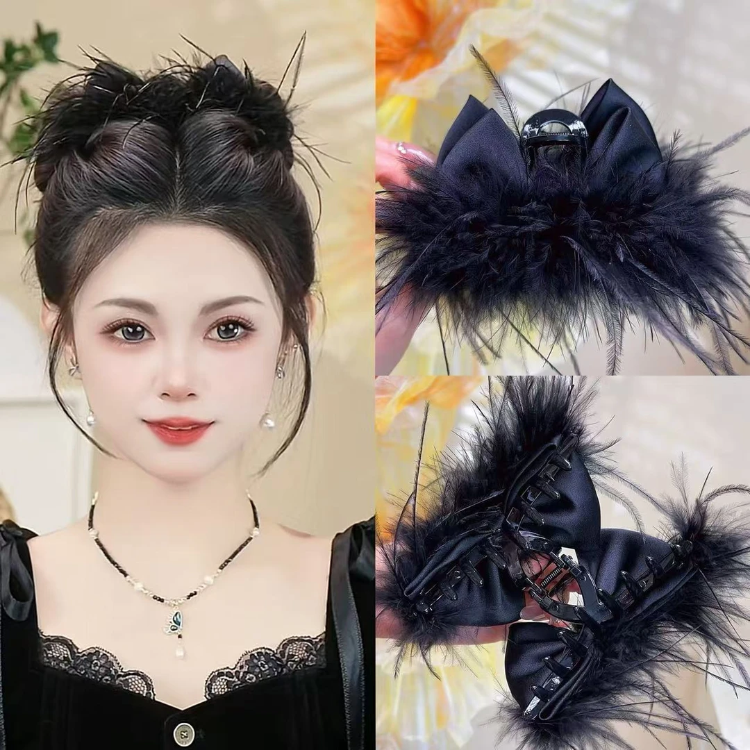 新款鸵鸟毛抓夹在逃公主蝴蝶结发抓后脑勺盘发鲨鱼抓夹