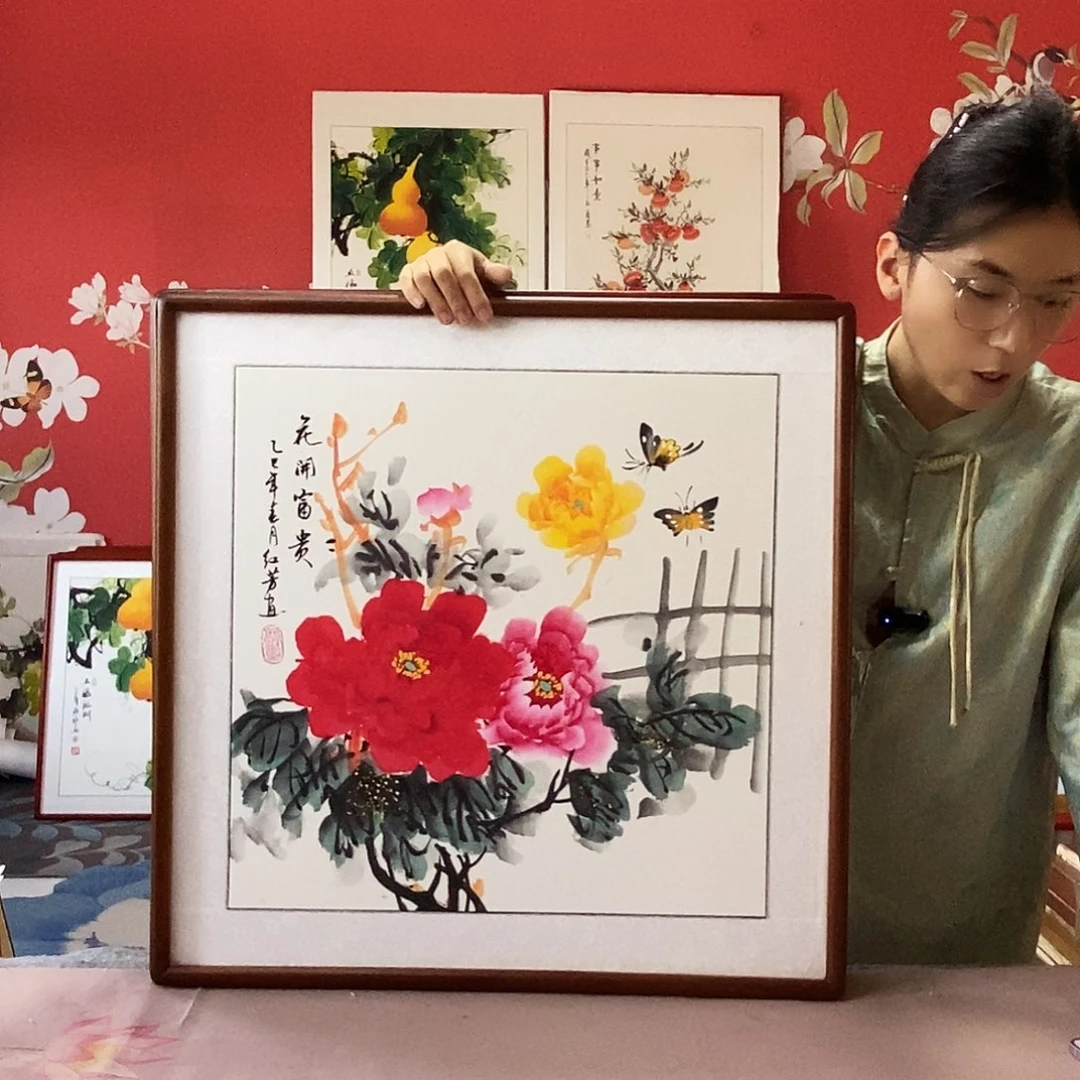 国画手写手绘国画作品带框包邮62✖️62